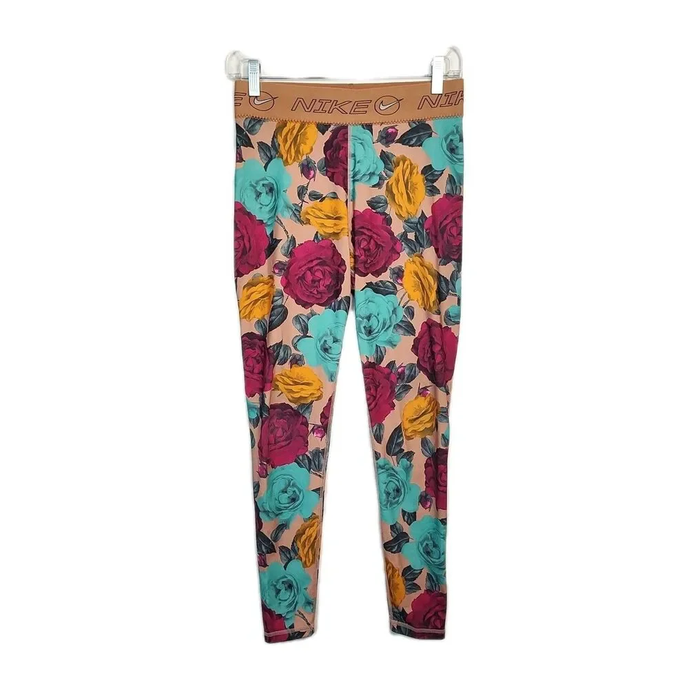 Nike Dri-Fit Leggings Women's M Tan/Purple/Teal/Yellow Floral Pattern‎